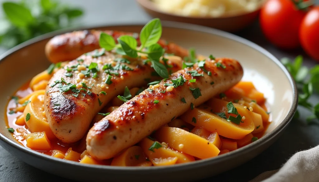 A close-up of a flavorful chicken and sausage dish served with tender vegetables, showcasing a delicious example of Chicken and Sausage Recipes with fresh herbs on top.