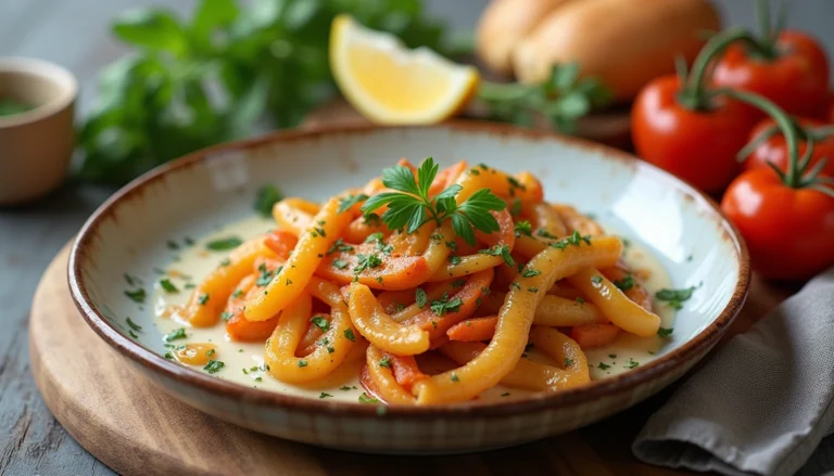 Romantic dinner ideas for two featuring a delicious pasta dish garnished with fresh parsley, served on a rustic plate with tomatoes and lemon in the background.