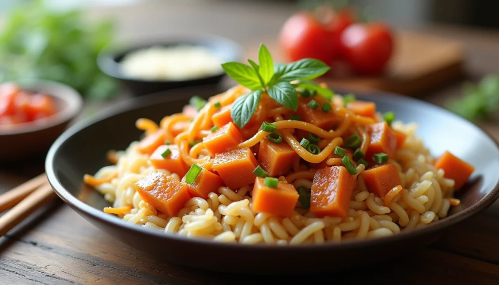 A bowl of noodles with vegetables, topped with fresh herbs — a vibrant example of Easy Asian Dishes Recipes perfect for quick homemade meals