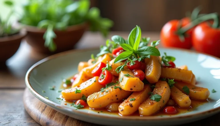 Easy dinner plate featuring roasted potatoes with cherry tomatoes, fresh basil, and herbs — a simple, colorful, and healthy meal perfect for busy weeknights.