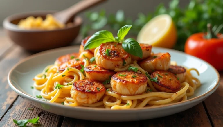Delicious Low Carb Meals dish featuring seared scallops served over low carb pasta, garnished with fresh basil and herbs for a healthy, flavorful dinner.
