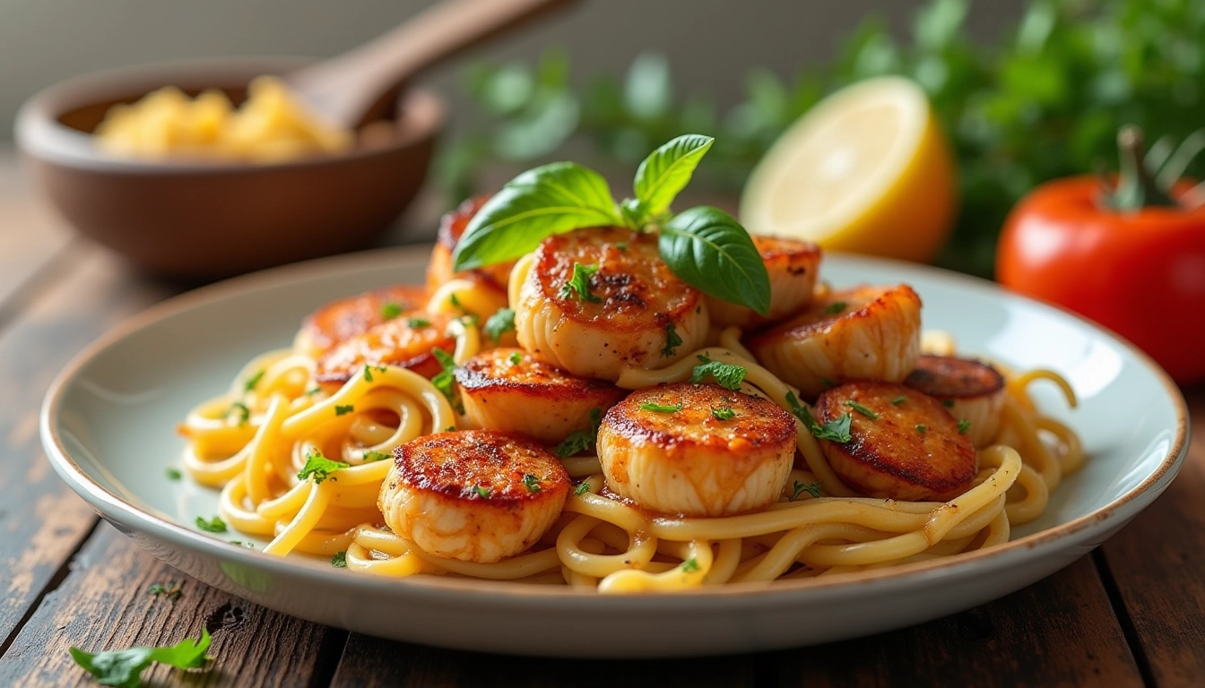Delicious Low Carb Meals dish featuring seared scallops served over low carb pasta, garnished with fresh basil and herbs for a healthy, flavorful dinner.
