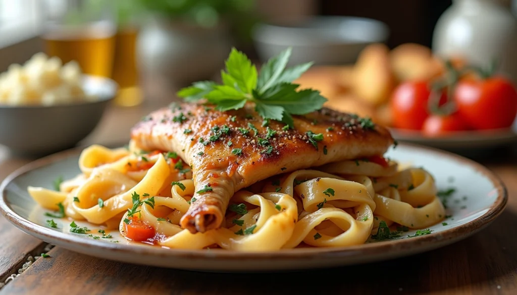 Delicious Sunday dinner ideas featuring roasted chicken served over fresh pasta with herbs and tomatoes, perfect for a cozy family meal