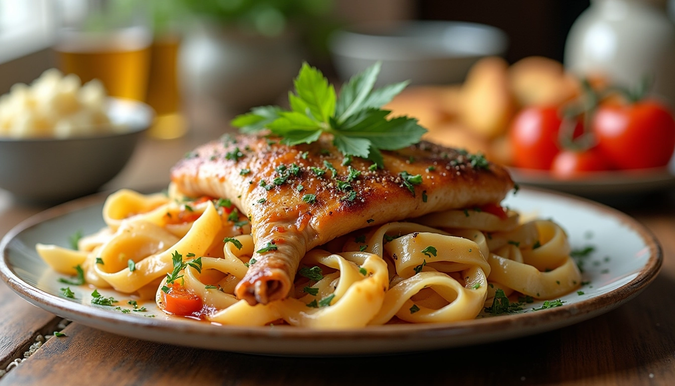 Delicious Sunday dinner ideas featuring roasted chicken served over fresh pasta with herbs and tomatoes, perfect for a cozy family meal