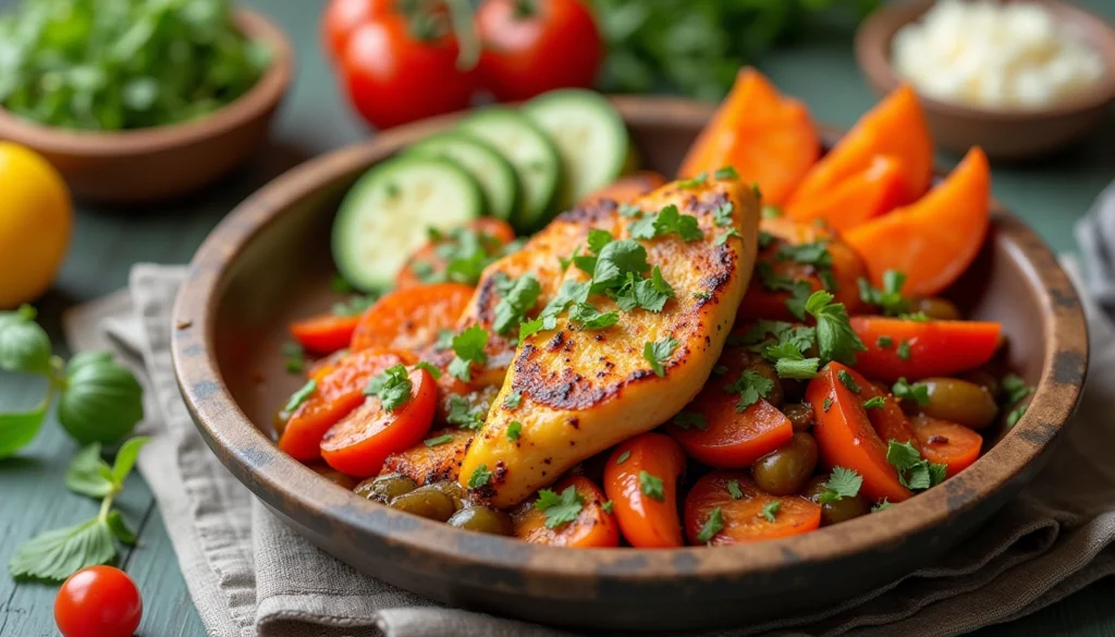 Grilled chicken served with colorful vegetable side dishes including carrots, zucchini, tomatoes, and olives, garnished with fresh herbs.